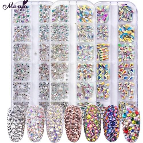 Monja 12 Grids/Box Nail Art AB Flat Rhinestones 3D Charm Colorful Multi-size Mixed Shape Crystal Jewelry DIY Manicure Decoration
