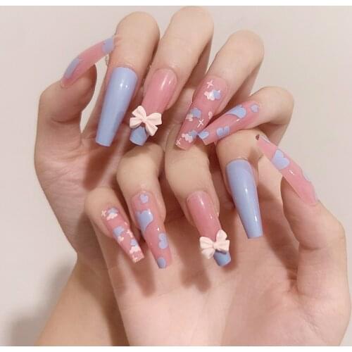 24Pcs/Box French Heart Long Coffin False Nails Flower Detachable Ballerina Fake Nails Full Cover Nail Tips Press On Nails