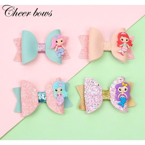 Cheer Bows 2 Pcs/lots Mermaid Hair Bows Clips Leather Baby Headbands Princess Party Decor Hairpin Boutique Hair Accessories