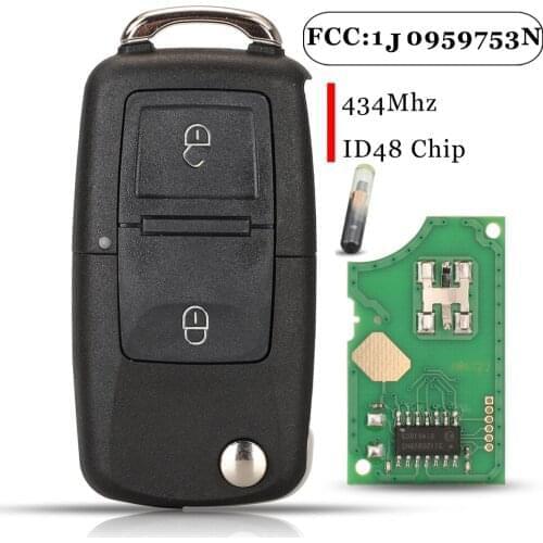 Jingyuqin 2 Buttons Smart Remote Car Key 434MHZ ID46 Chip 1J0959753N For VW Volkswagen Beetle Bora Polo Golf Passat