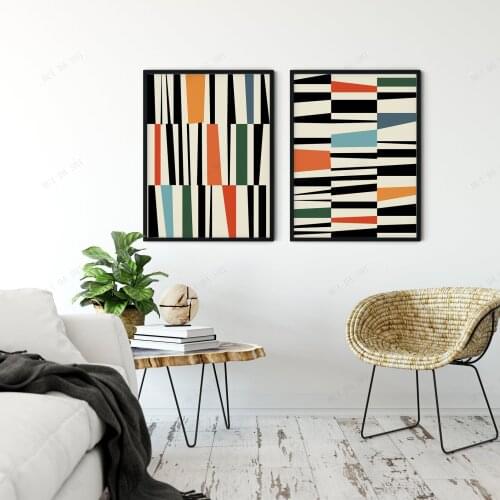 Mid Century Modern Abstract Wall Art Canvas Print Blue Green Orange Red Yellow Abstract Geometric Mid Century Poster "ODDITIES"