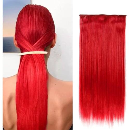 22Inch 5 Clips in Hair Extensions For White Women Long Straight Synthetic Hairpiece High Temperature Fiber Ombre Red Brown Hair