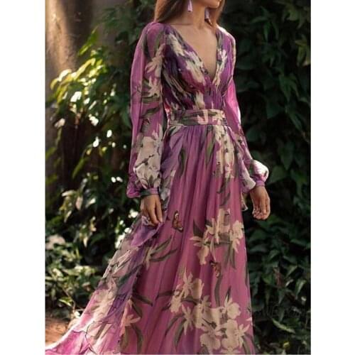 Vintage Women Party Dress Summer New Style Printed Female Skirt Sexy V Neck Long Sleeved Casual Fashion Purple Big Swing Dress
