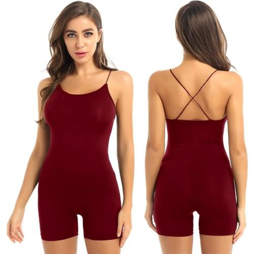 Womens Sportswear Yoga Gymnastics Dance Short Playsuits Sleeveless Shoulder Straps Crossed Back Stretchy Leotard Bodysuit