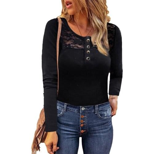 Woman Solid Lace Patchwork Tops Elegant Buttons Round Neck Long Sleeve T Shirts Ladies Office Lady Autumn Casual Female Tops