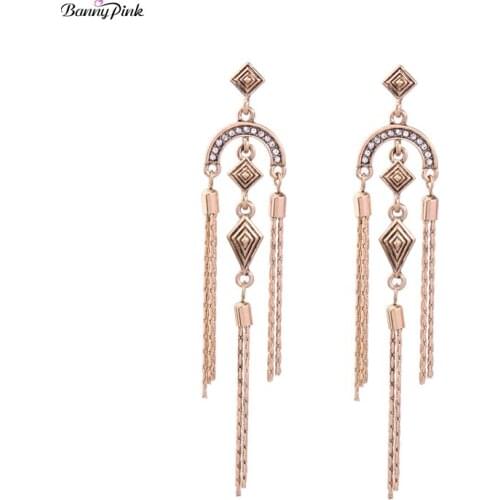 Banny Pink Vintage Long Metal Chain Tassel Studs Earrings For Women Chunky Long Metal Geo Pendant Post Earrings Fashion Jewelry
