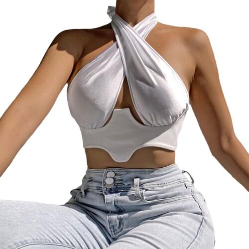 Sexy Hollow Out Halter Tank Top 2021 Fashion Women Sleeveless Backless Bandage Crop Top Holiday Casual Camis Tops Streetwear