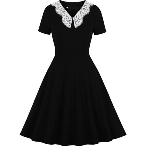 Robe Femme Lace Black Summer Dress 2021 V Collar Short Sleeve Retro Women 50s 60s Vintage Dresses Rockabilly Party Dress Swing