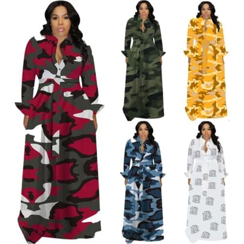 Adogirl Women Plus Size Floor-length Dress Camouflage Printing Turn-down Collar Single-breasted 2021 Autumn Shirt Long Dresses
