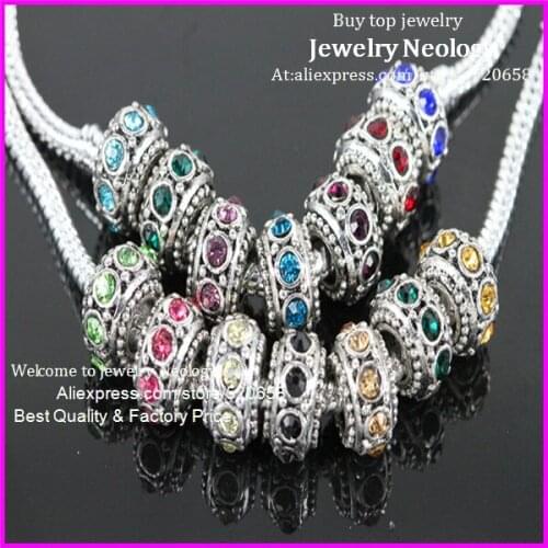 50pcs Mixed color rhinestone Tibetan silver spacers big Hole charm beads Fit European Bracelets 7x11mm