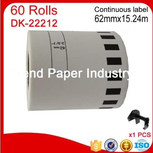60 Refill Rolls Generic DK-22212 Label 62mm*15.24M Continuous Compatible for Brother Label Printer White Color DK-2212 DK22212