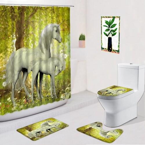 White Unicorn Shower Curtains Tree Flower Animal Bathroom Decor Home Supplies Non-Slip Flannel Carpet Bath Mat Toilet Foot Mats