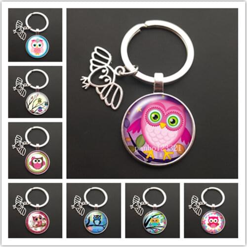 New cute cartoon owl key chain animal owl pattern key ring key ring chain holder glass convex round charm bag key chain