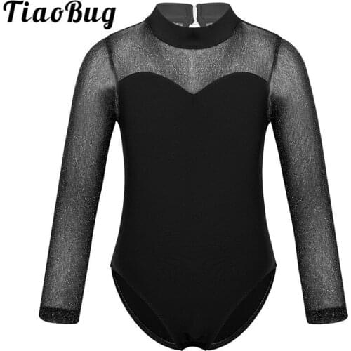 TiaoBug Kids Teens Girls Shiny Tulle Splice Long Sleeve Mock Neck Ballet Gymnastics Leotard Dance Wear Stage Performance Costume