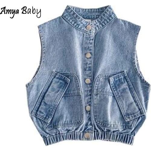 Amya Baby Toddler Girl Denim Vest Blue Color Spring Autumn Loose Children Outwear Christmas Kids Boutique Clothing