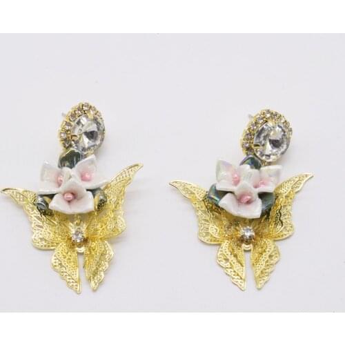European And American Vintage Metal Hollow Butterfly Earrings Set With Gem Flowers, Girly Elegant Sweet Ear Jewelry Female
