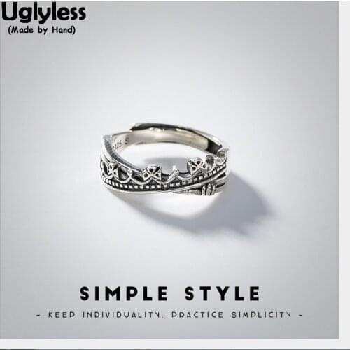 Uglyless 100% Real Solid 925 Sterling Silver Crown Finger Rings for Women Asymmetric Thai Silver Open Ring LOVE Gift Fine Jewel