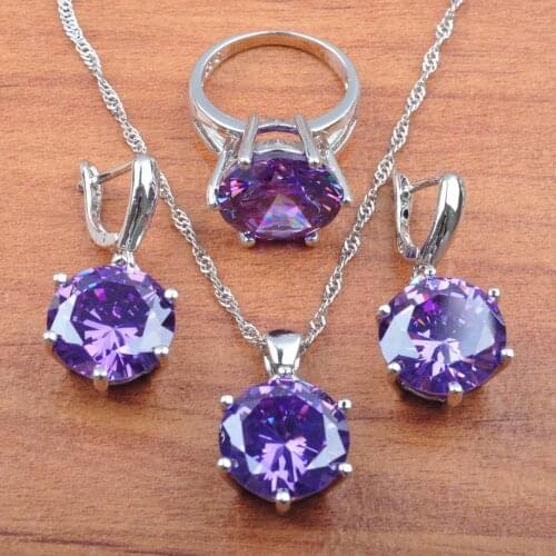 For Women Cubic Zircon Jewelry Set Purple Crystal Earrings Necklace Pendant Ring Dubai Wedding Jewelry 2020 New JS0108