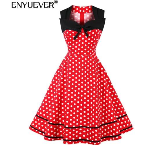 Enyuever Red And White Polka Dot Dress Women Summer Casual Clothes Cotton Robe Pin Up Swing Flare Retro Party Vintage Dress
