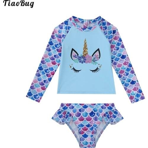 TiaoBug Summer 2Pcs Kid Girls Fish Scales Cartoon Print Swimming Suit Round Neck Long Sleeves Tops And Briefs Set Beach Bikini