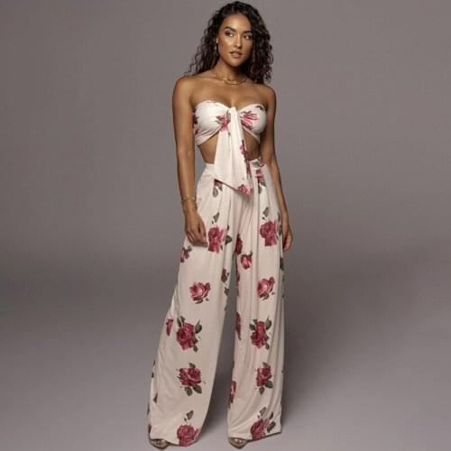 Summer Women Floral Two Piece Suits Sexy Flowers Print Lace-up Tube Top High Waist Wide Leg Long Pants Lady Party Wear Outfits