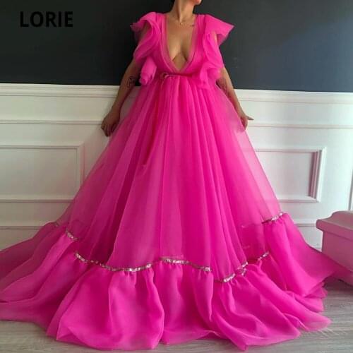 LORIE Hot Pink Organza Prom Dresses Long Formal Evening Gowns Plus Size 2020 Deep V-neck Beach Beauty Pageant Princess Dresses