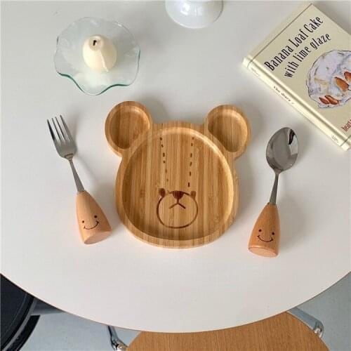 Cute cartoon bear bamboo tableware simple dinner plate tray snack snack fruit steak plate dinner set plates and dishes