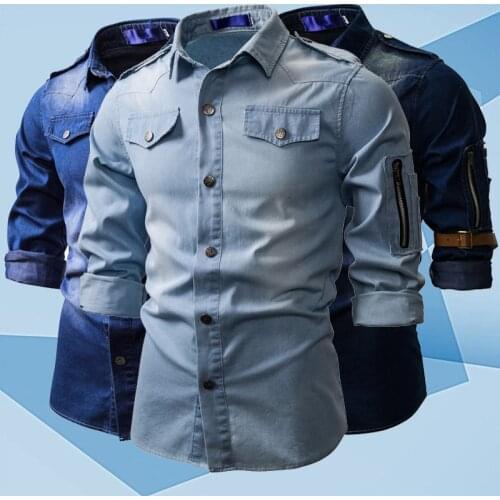 Mens Denim Shirt Autumn Shades Bleached Long-sleeved Shirt Casual Slim Retro Denim Top