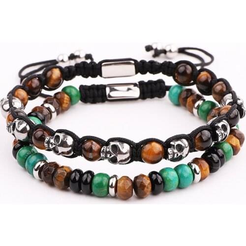 2020 New Design Men Bracelet Stainless Steel Skull Charm Natural Stone Woven Macrame Bracelet Set Men