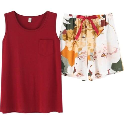 Norns Vest Pajamas Womens Polyester Cotton Sleeveless Shorts Two-piece Summer Solid Color Printing Thin Home Service Large Size