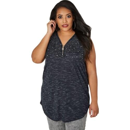 Sale Summer Plus Size Tops Hot Drilling Zipper Camisole Women Casual V-Neck Sleeveless Solid Black Tank Tops Ladies Loose Vest