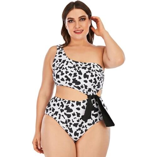 Plus Size One Piece Swimwear Women One Shoulder Swimsuit Female Large Size Bathing Suit New 2021 Mujer Cow Print Bather Bow 4XL