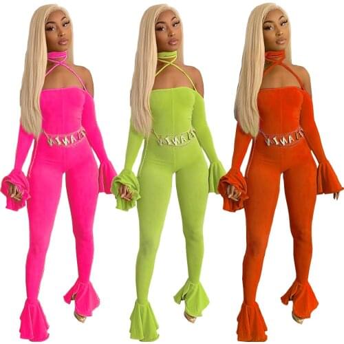 Sexy Strapless Slash Neck Bandage Full Flare Sleeve Night Party Club Jumpsuit Women Backless Falre Pants Outfit Rompers Overalls