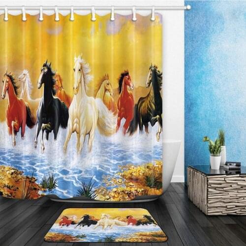 Horse Shower Curtains Set Chinese Painting Strong Animal Running Bathroom Decor Home Bathtub Curtain and Flannel Mat Carpet