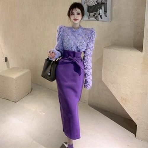Temperament O Long Sleeve Fringed Top Jacquard Blouse Shirt Bandage Bow Slim High Waist Purple Skirt Fashion Office Lady Korean