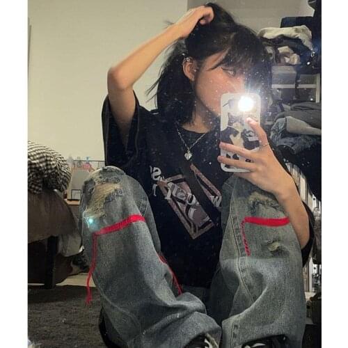 Varofi Ripped jeans ladies high street hiphop high waist straight leg pants ripped jeans for women y2k pants jeans for women