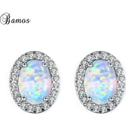 Bamos Blue/White Oval Fire Opal Stud Earrings Cute Small Earrings Silver Color Fashion Wedding Jewelry For Women