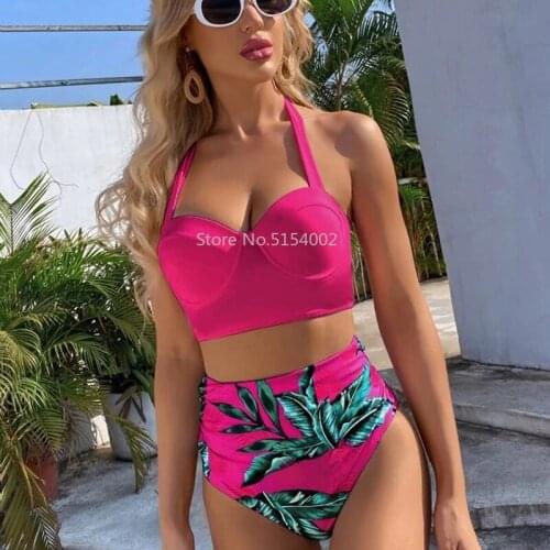 Leaf Floral Bikini Set Women Backless High-Waisted Two Pieces Swimwear 2021 Beach Bathing Suits Swimsuits