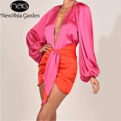NewAsia Two Piece Skirt Set Lantern Sleeve Deep V Bodysuit Satin Top Ruched Mini Skirt Sexy Party Wear Club Outfits for Women