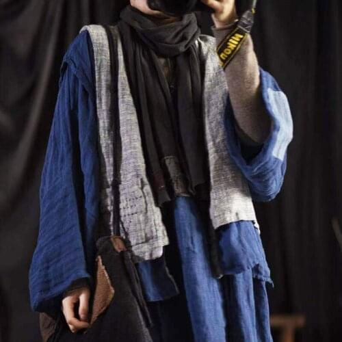 Johnature Women Vintage Linen Patchwork Vest Coats V-Neck Sleeveless Casual Fake Two Pieces Vest 2021 Autumn New Coats