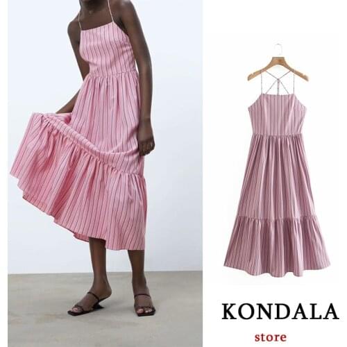 Womens Dress 100% Polyester ZA 2021 New Cross backless Female Striped Mid Sling Dresses Elegant Mujer KONDALA Vestidos