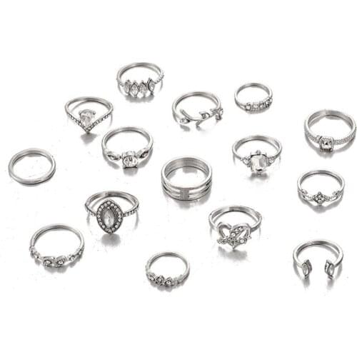 15Pcs/Set Women Bohemian Artificial Gemstone Rhinestone Finger Ring Jewelry Gift