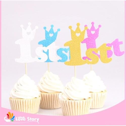 24 Pieces Pearl Paper Birthday Party Accessories Cupcake Toppers 1st Baby Boy Or Baby Girl Decoration