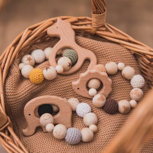 3Pcs/Set Baby Wooden Teether Bell Rattles Toy Animal Elephant Shape Cartoon Teething Rodent Ring Children Stroller Product Gift