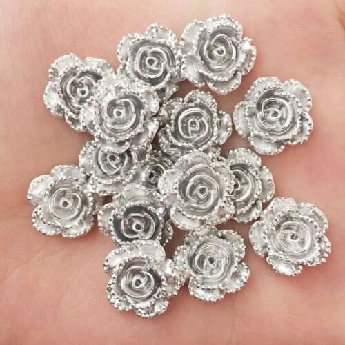 60Pcs 14mm Resin Silver Rose Flatback Flower Stone Scrapbook Wedding Ornaments Applique crafts DIY
