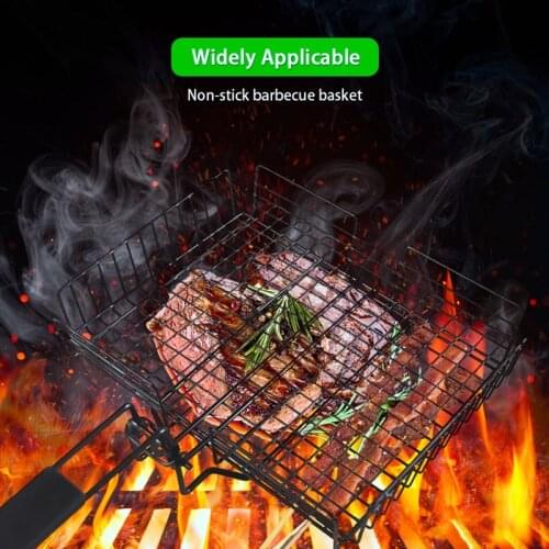 Non-Stick Grill Basket with Lid Metal Barbecue Basket with Foldable Removeable Outdoor BBQ Accessories for Fish Steak