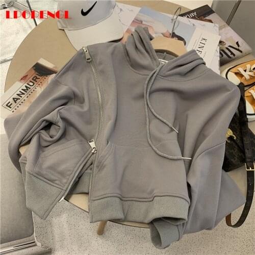 Open Shoulder Asymmetric Sweatshirt 2021 Womens Solid Color Pullover Hooded Top Drawstring Korean Style Fashion All-match