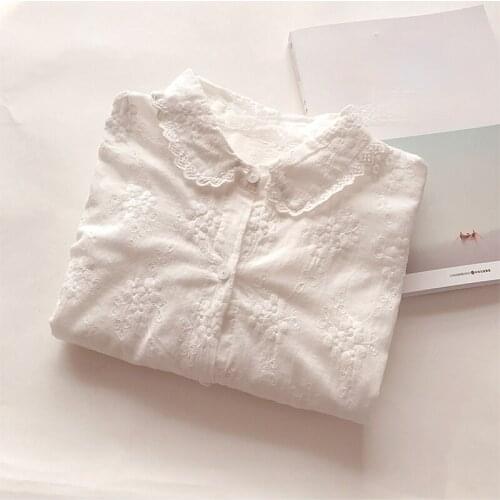 White Embroidery Women Shirts Summer New 2021 Lace Loose Long-Sleeved Elegant Office Lady Outwear Coats Tops