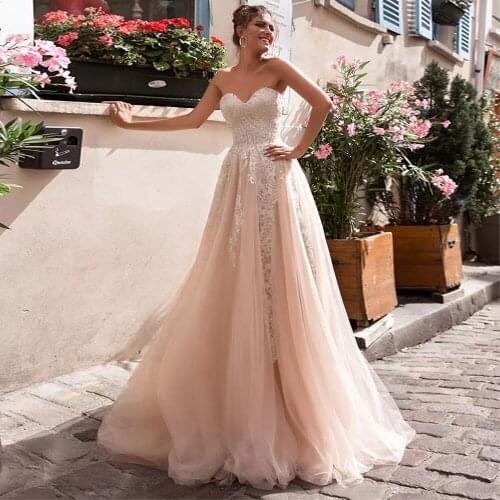 Champagne Beach Wedding Dresses Sweetheart Lace Appliqued Tulle Boho Bridal Dress 2021 A-Line Princess Party Gowns Vinatge