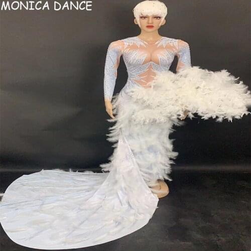 Women Sexy White Feather Rhinestones Floor-length Dress Mermaid Big Tail Dress Costume Prom Dancer Birthday Celebrate Dress